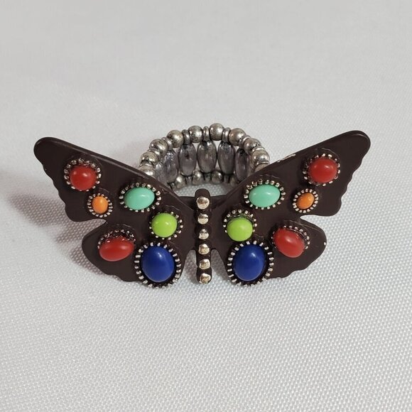 Butterfly Stretch Ring With Multicolor Faux Stones & Beaded Stretch Band - Picture 2 of 9